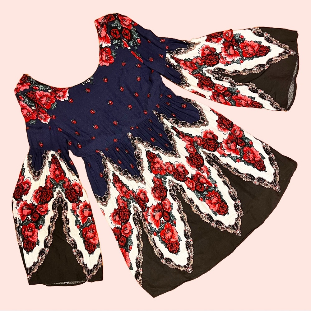Free People Free Falling floral pattern tapestry bell sleeve swing dress XS